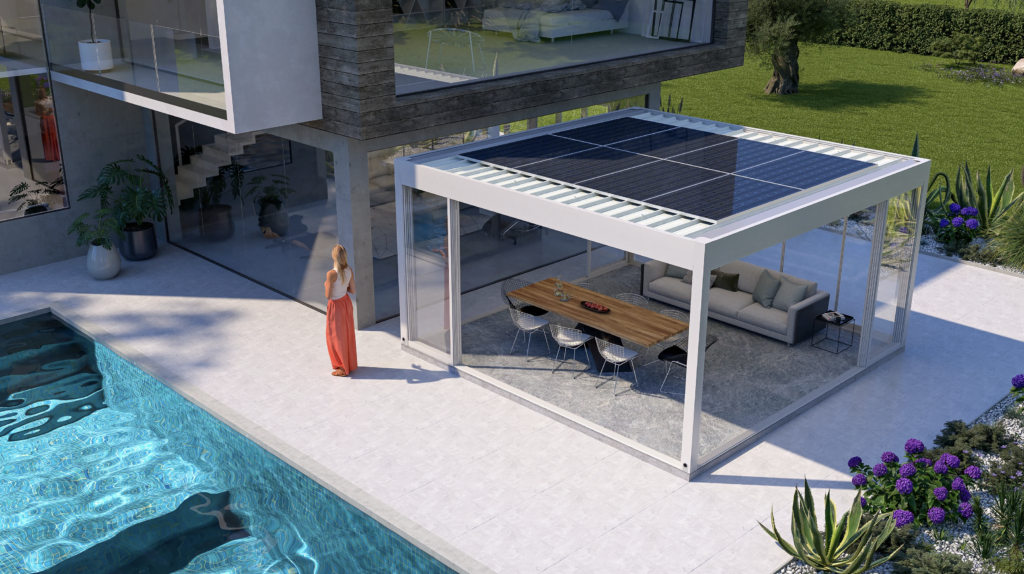 An outdoor pergola provides a superb outside space in which to relax by the pool