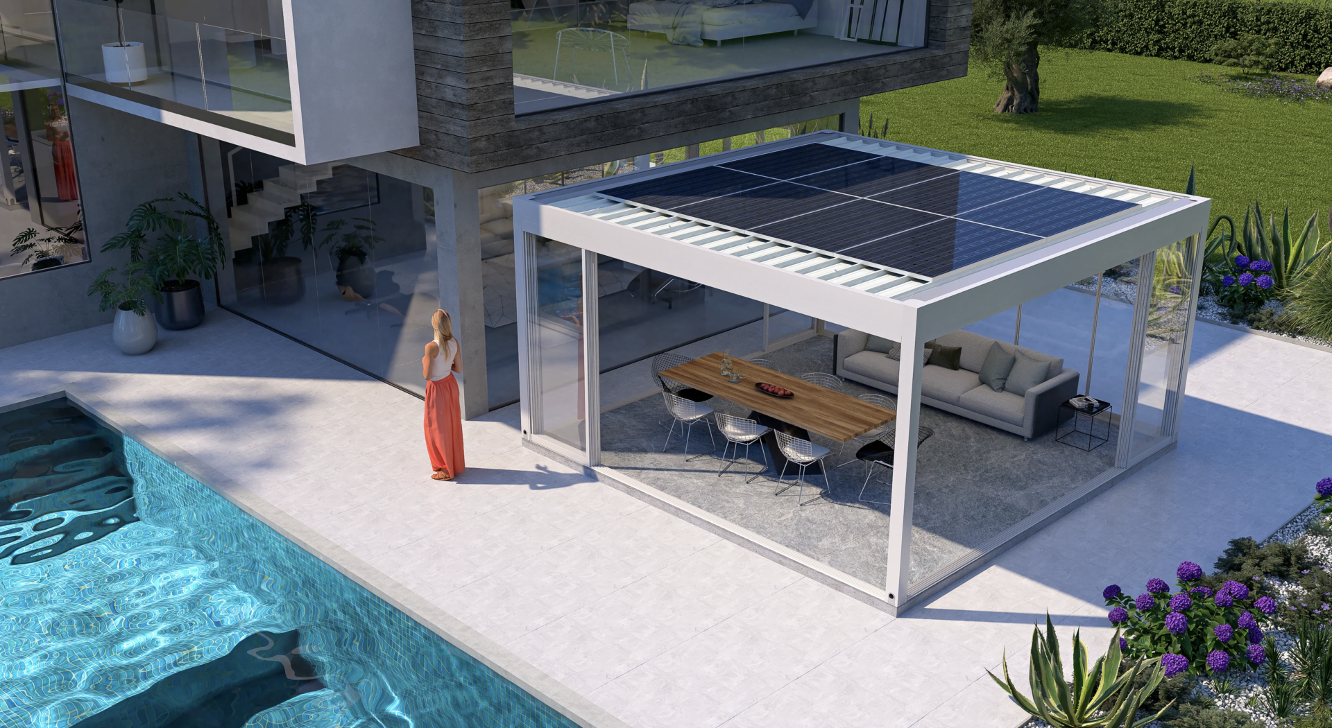 An outdoor pergola provides a superb outside space in which to relax by the pool